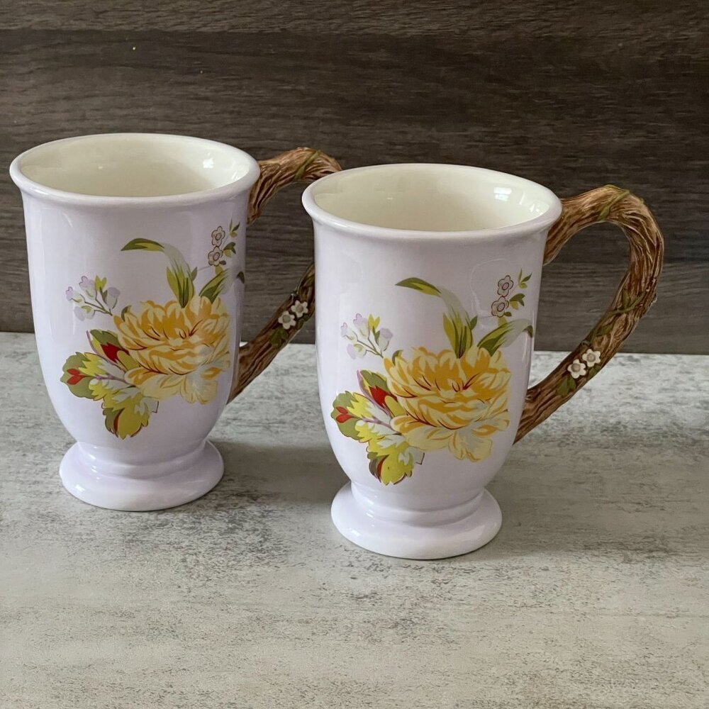 April Cornell Silvestri Vintage Set of Two Mugs Yellow Floral Faux Bois Handles